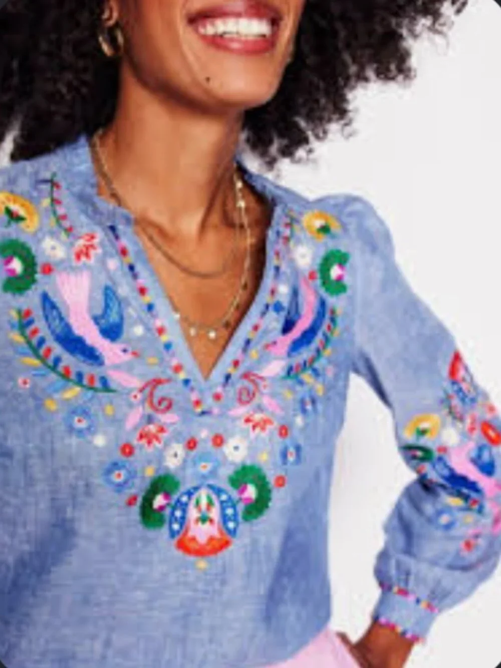 Boden Grace Linen Top-Chambray, Embroidered Birds Size 2 - Picture 1 of 8